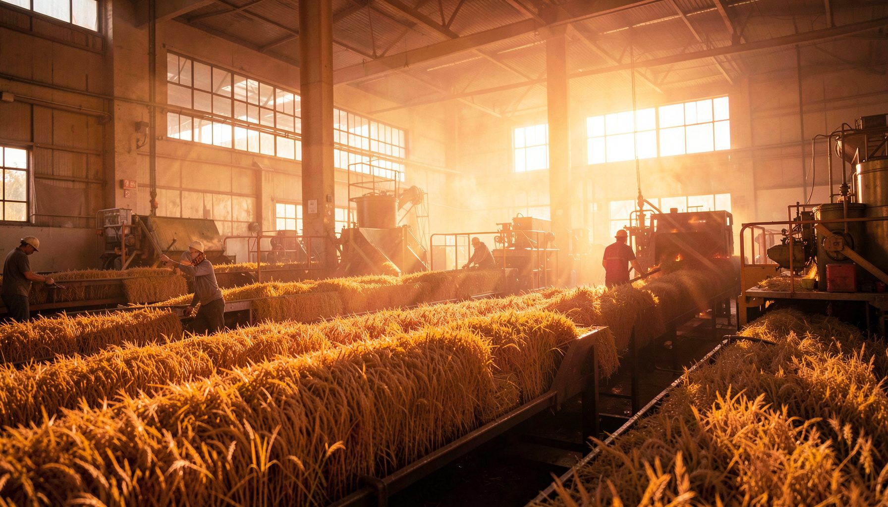 Rows of golden grain being processed inside a spacious industrial facility, warm sunlight streaming through high windows and illuminating the machinery